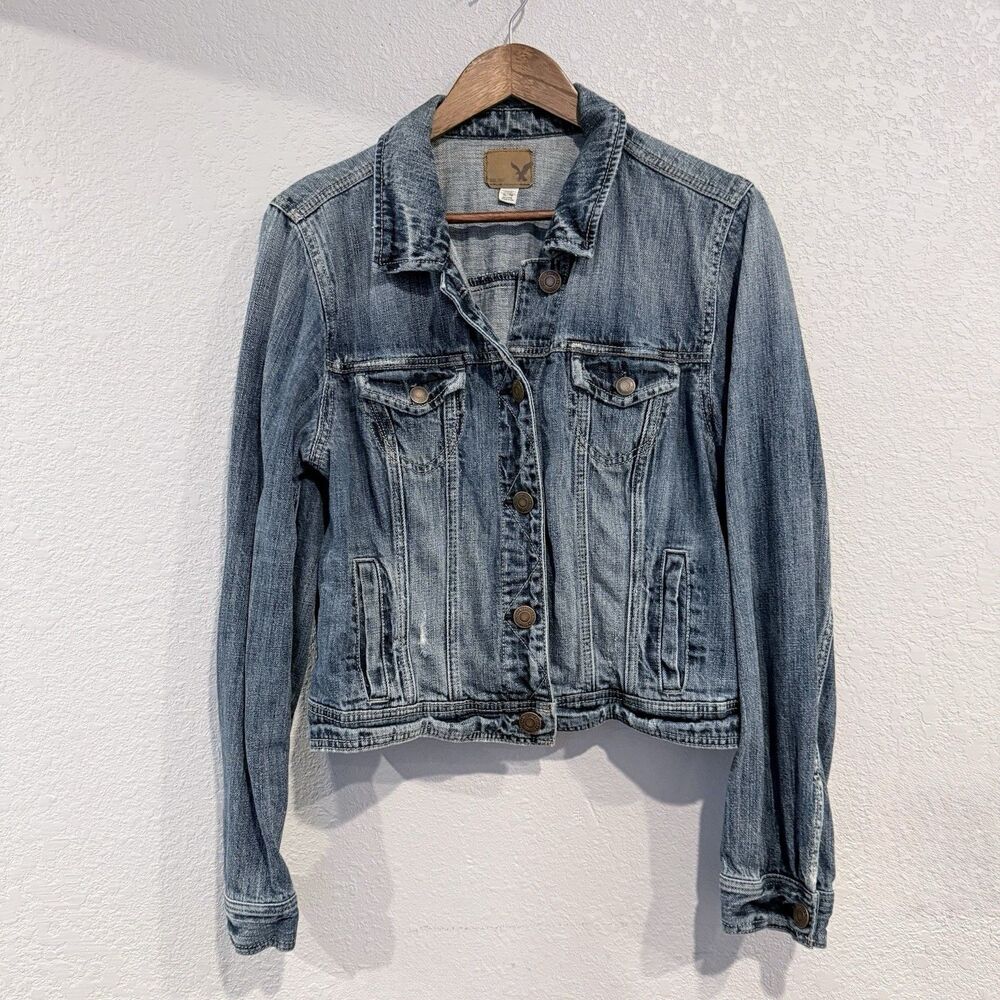 American Eagle Outfitters Blue Denim Distressed Trucker Jean Jacket Size XL